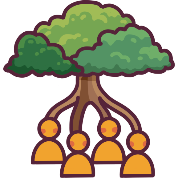 four people gathered under a tree, which is made up of separate tree trunks fusing together into one tree.